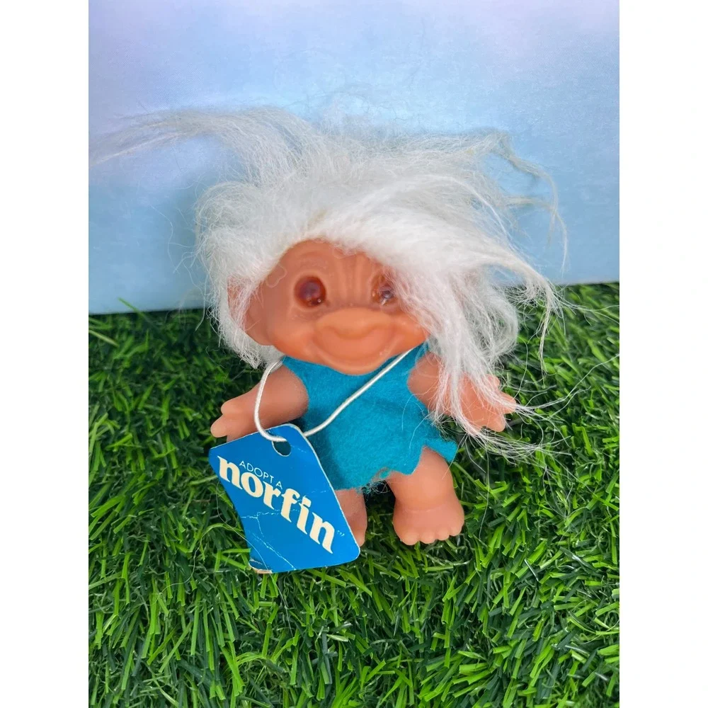 Vintage Norfin Troll Doll White Hair Amber Eyes Blue Outfit with Tag Collectible